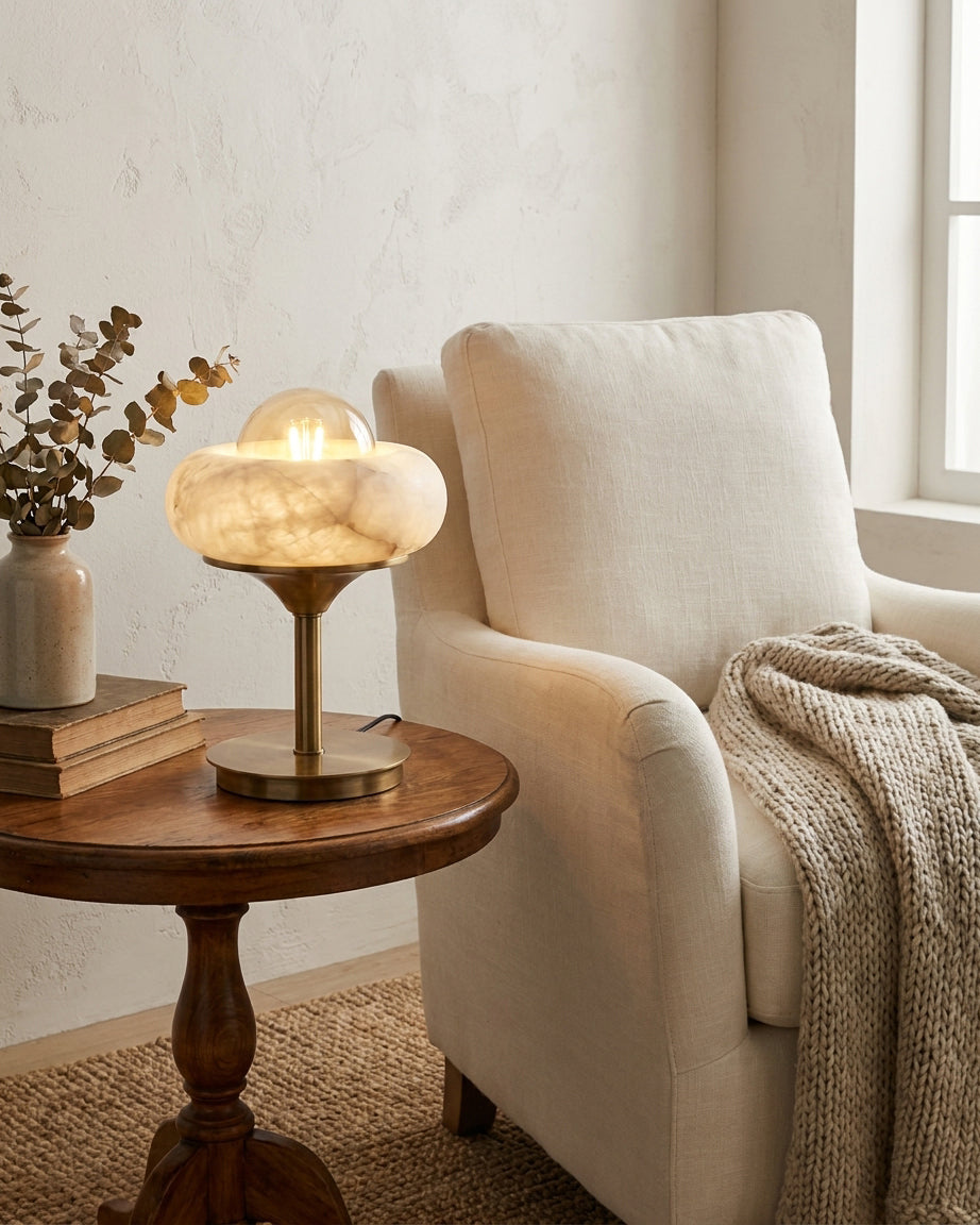 Retrovia Alabaster Curated Alabaster Table Lamp installed in residential dining space
