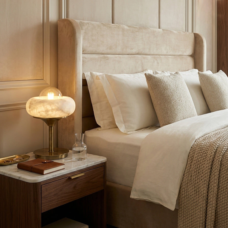 Retrovia Alabaster Curated Alabaster Table Lamp warm illuminated room view