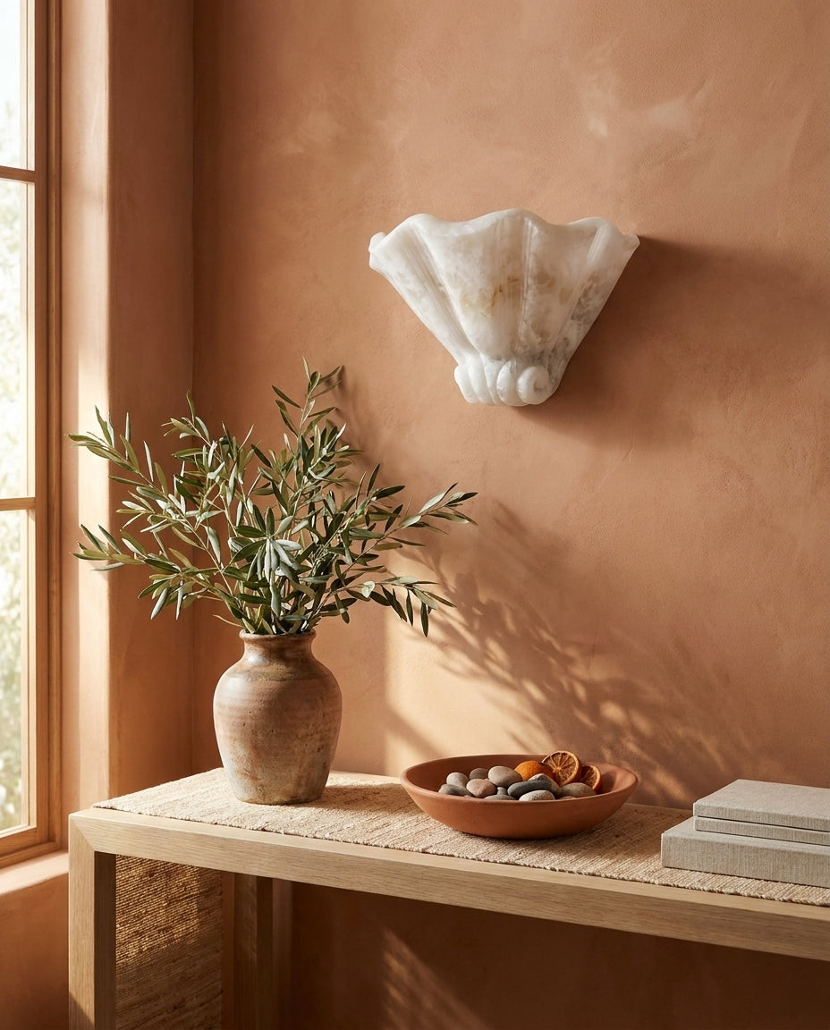 Roche Alabaster Curated Alabaster Wall Sconce – illuminated warm ambiance setting