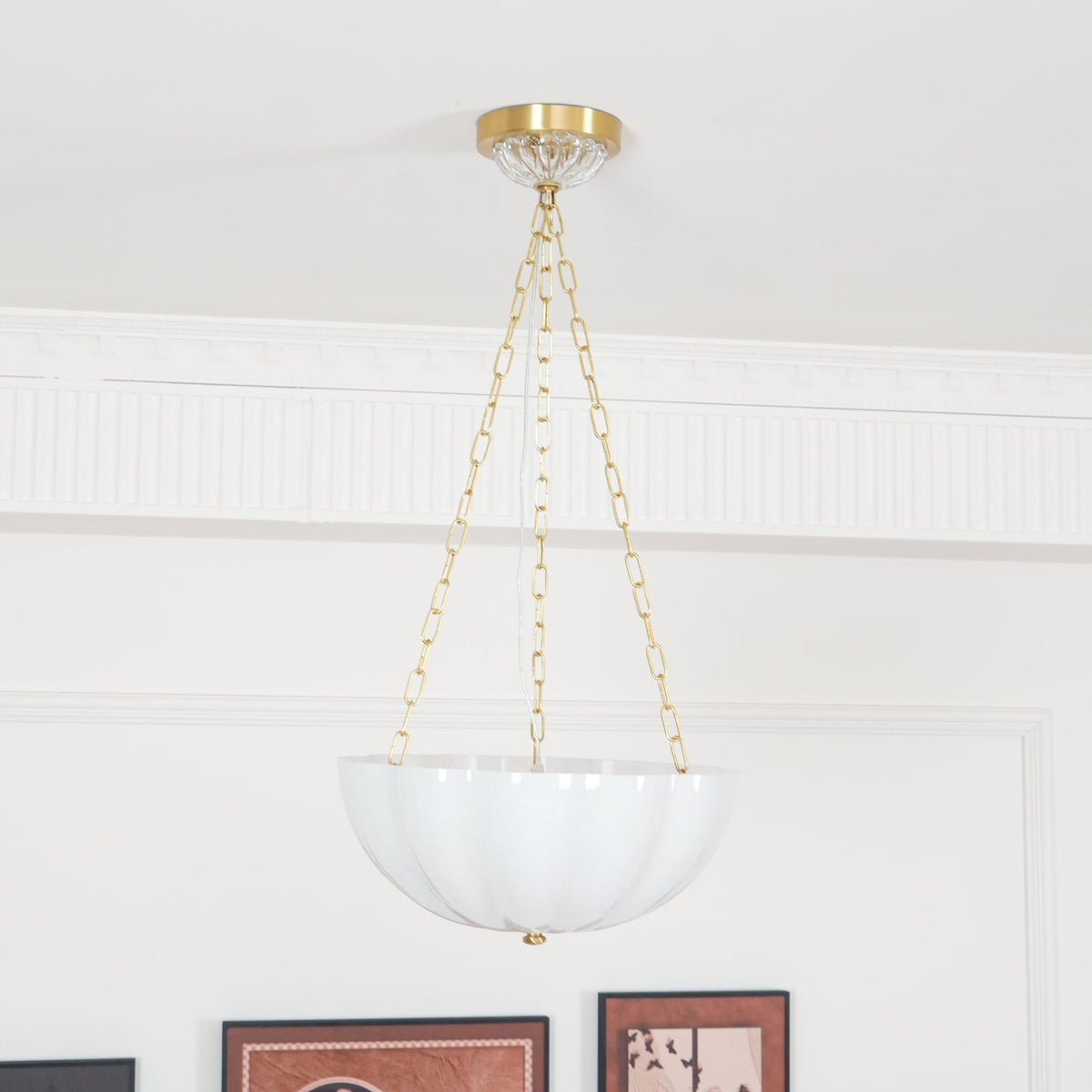 Rosehill Curated Mouth-Blown Frosted Glass Chand – spatial dining room perspective