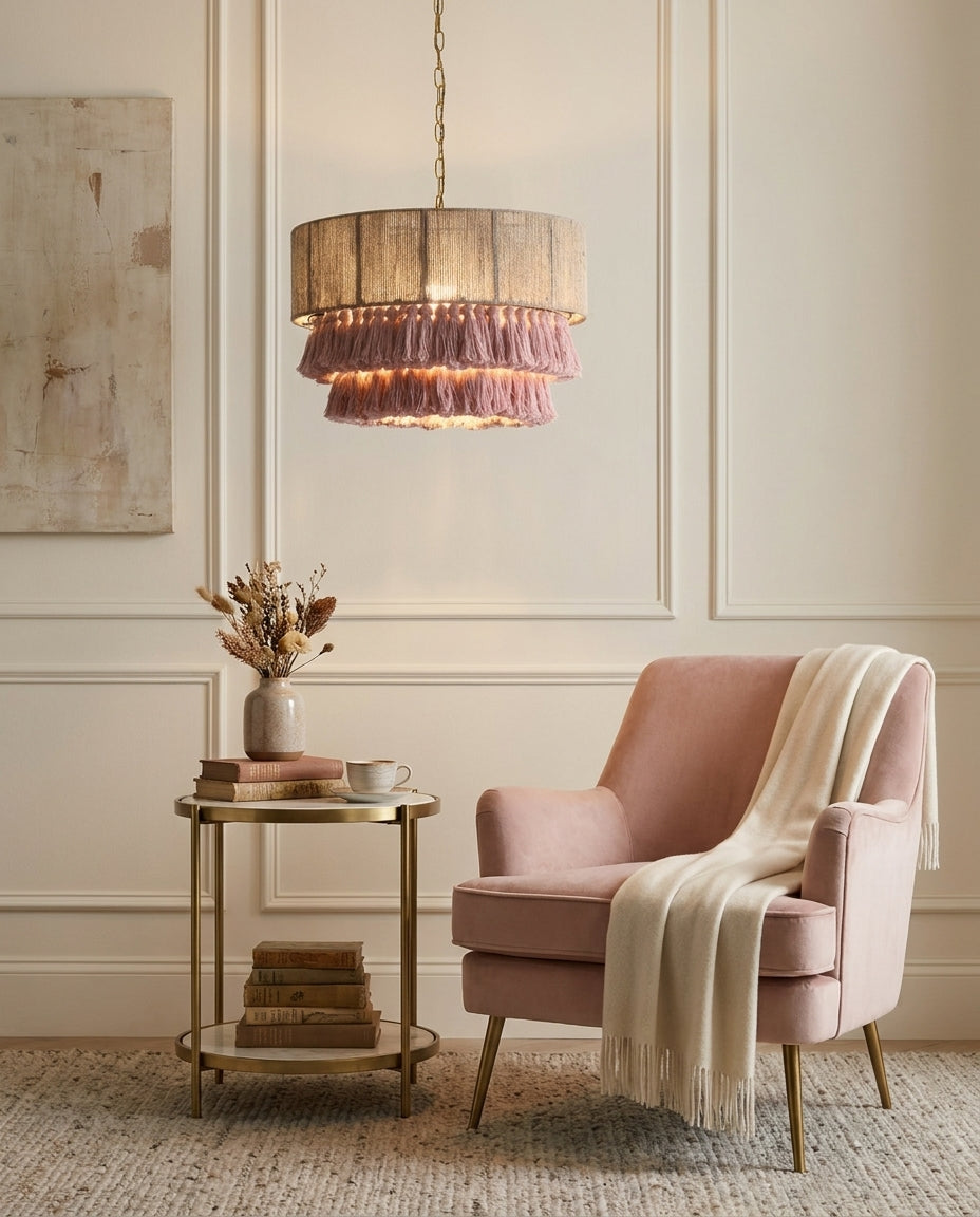 Roselle Curated Solid Brass Pendant Light warm illuminated room view