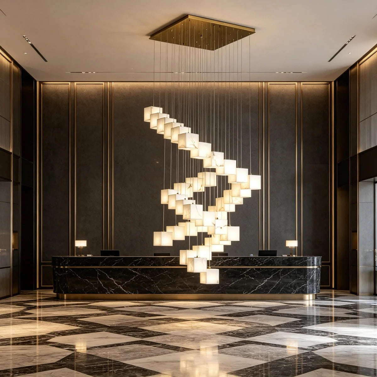 Chandelier View 2 | Marble & Solid Brass Rotating Box Chandelier | Grand Luxury Pendant Light for Villa & Dining Room | JINSHE | JINSHE