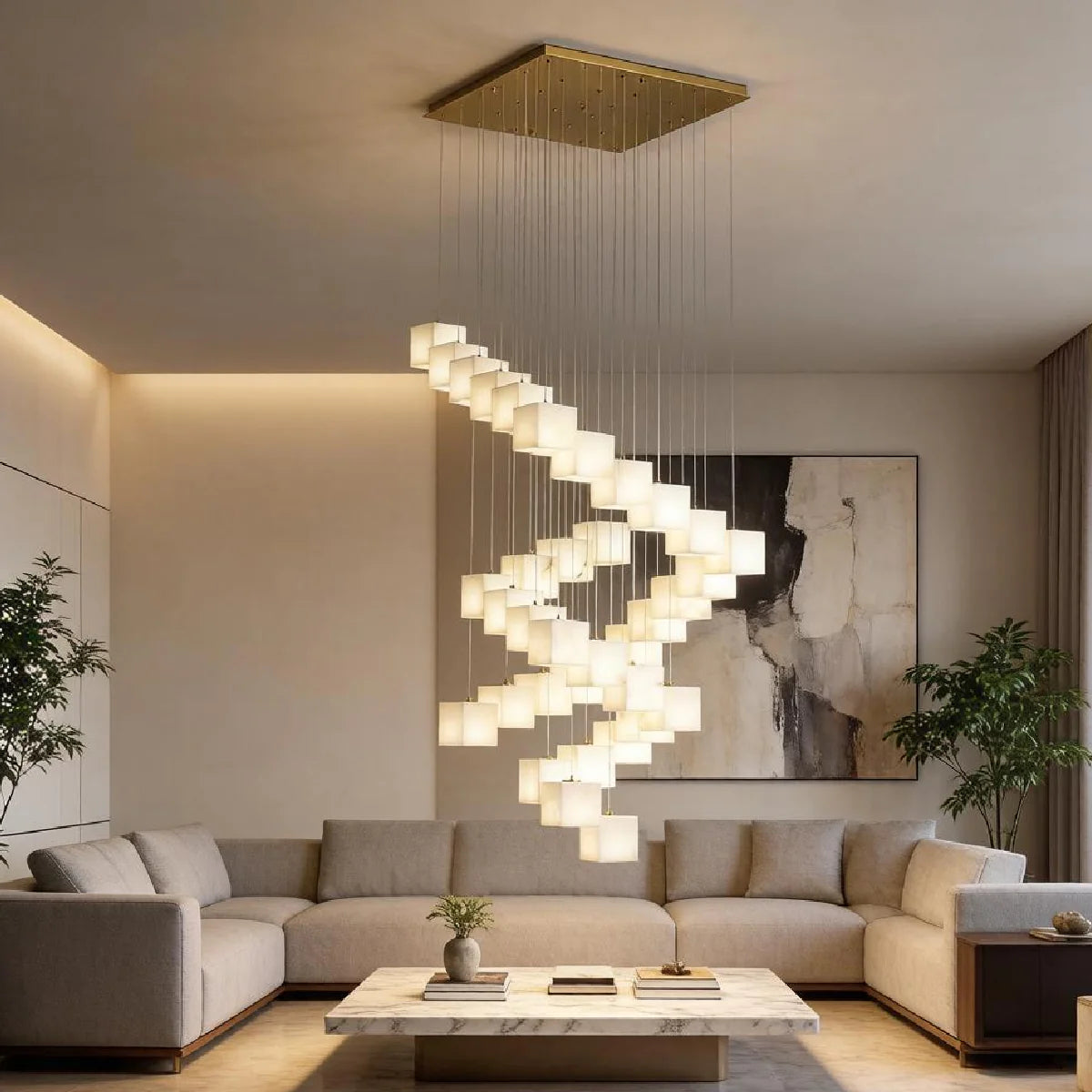 Chandelier View 11 | Marble & Solid Brass Rotating Box Chandelier | Grand Luxury Pendant Light for Villa & Dining Room | JINSHE | JINSHE