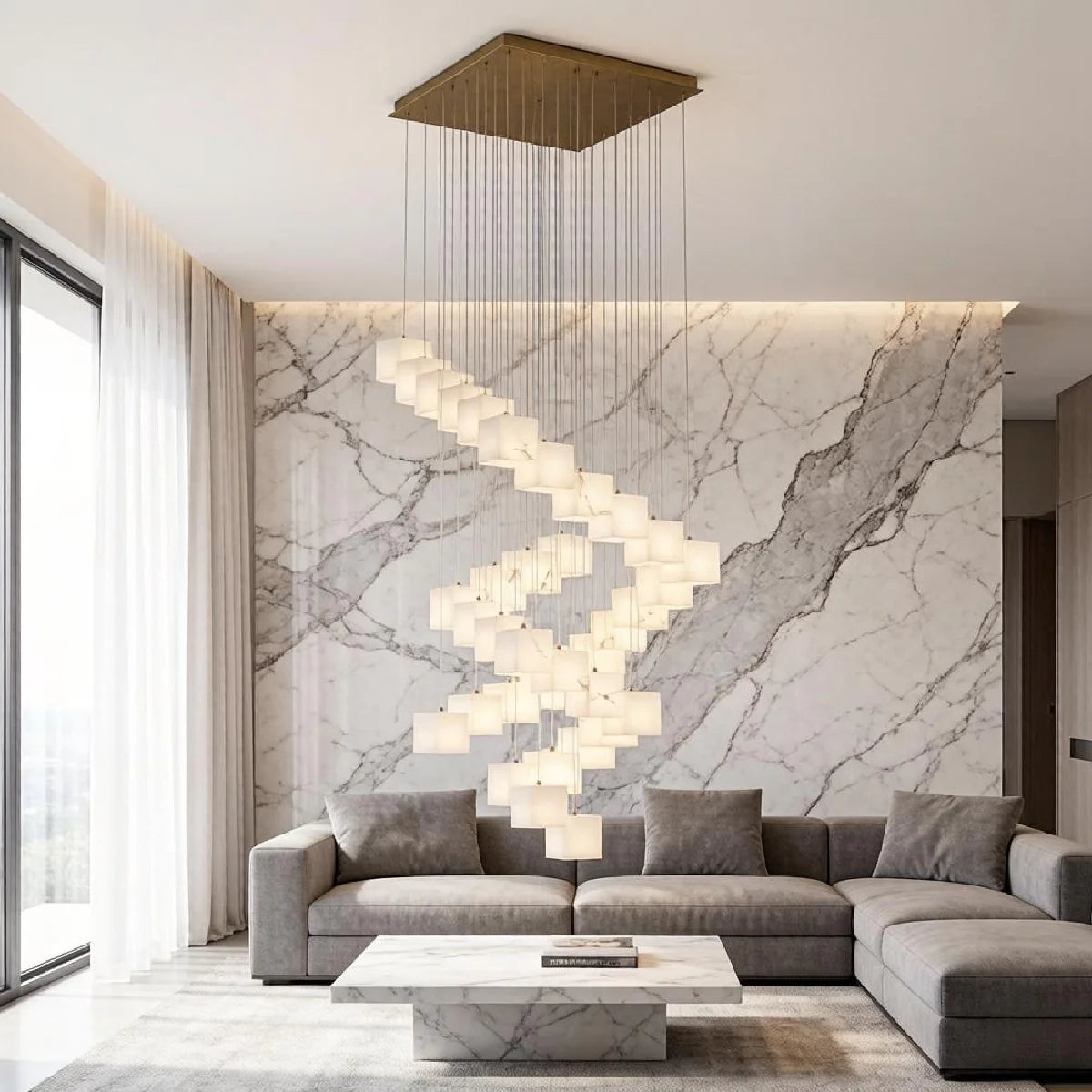 Chandelier View 3 | Marble & Solid Brass Rotating Box Chandelier | Grand Luxury Pendant Light for Villa & Dining Room | JINSHE | JINSHE