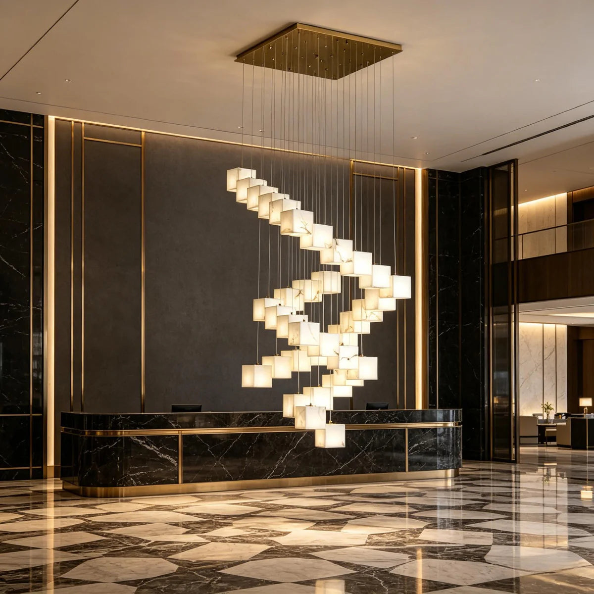 Chandelier View 6 | Marble & Solid Brass Rotating Box Chandelier | Grand Luxury Pendant Light for Villa & Dining Room | JINSHE | JINSHE