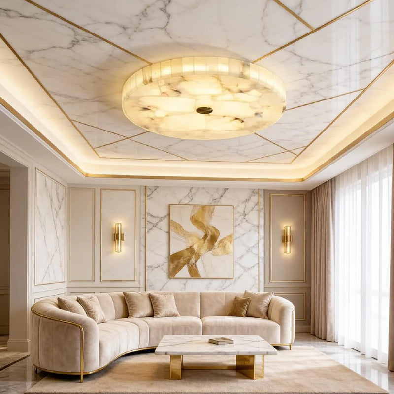 Spanish Alabaster Ceiling Light View 6 | Natural Spanish Alabaster Round Ceiling Light | Modern Luxury Lighting | JINSHE | JINSHE