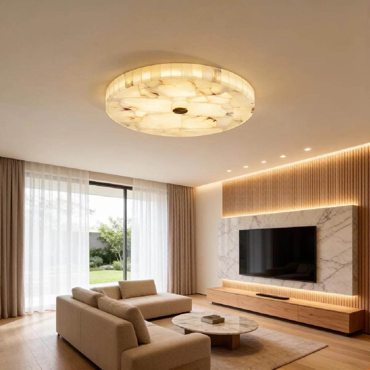 Spanish Alabaster Ceiling Light View 7 | Natural Spanish Alabaster Round Ceiling Light | Modern Luxury Lighting | JINSHE | JINSHE