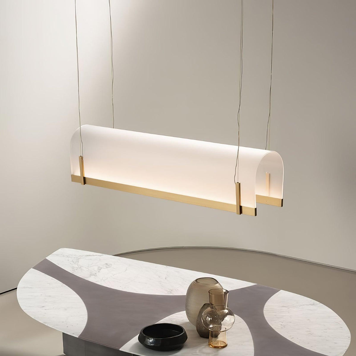 Round Arched Curated Optical Acrylic Chandelier – unlit natural material contrast