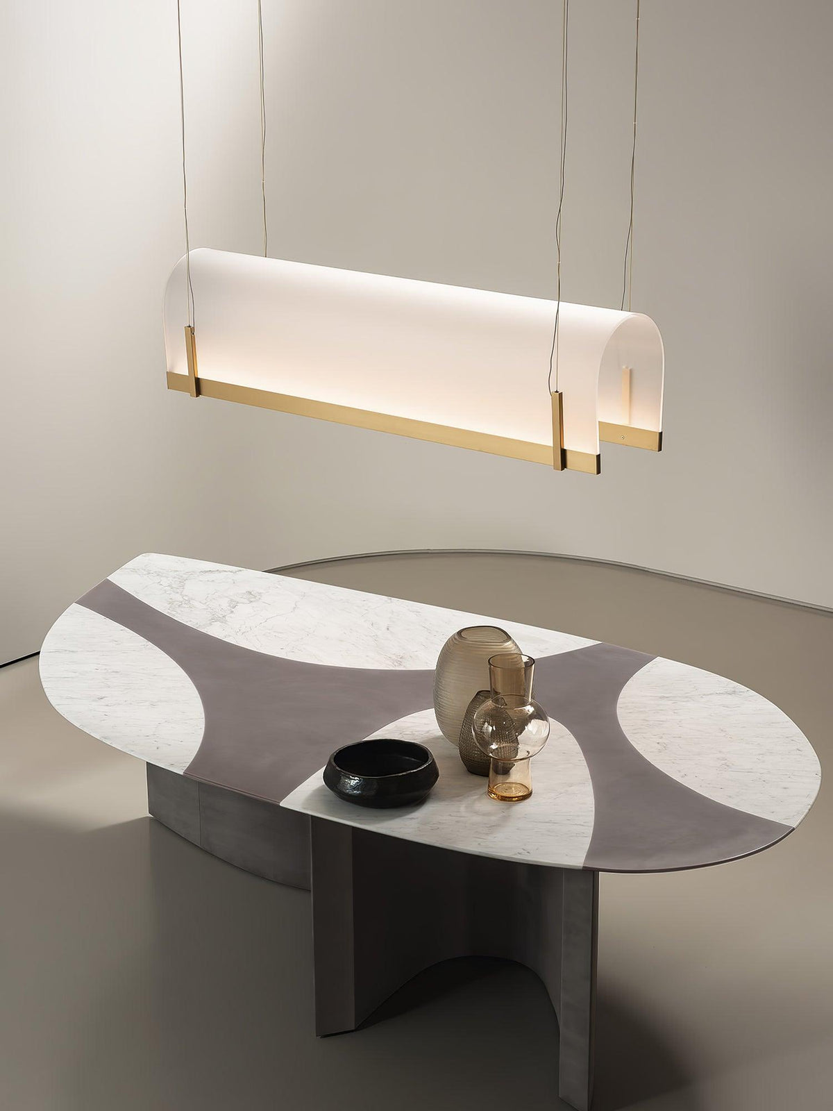 Round Arched Curated Optical Acrylic Chandelier – spatial dining room perspective