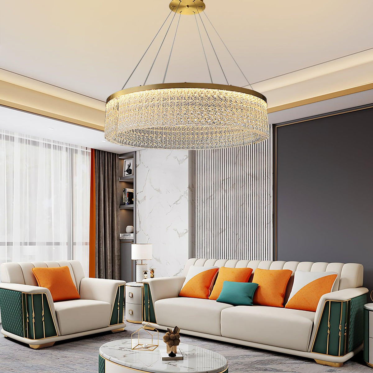 Round Halo Crystal Curated K9 Bohemian Crystal C installed in residential dining space
