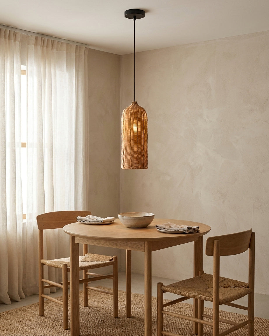 Woven Rattan craftsmanship detail on Rovena Curated Woven Rattan Pendant Light