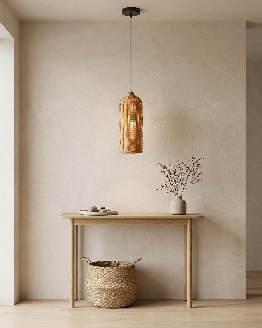 Rovena Curated Woven Rattan Pendant Light – structural canopy joint detail