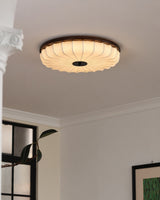 Ruelline Curated Iron & Glass Flush Mount Ceilin warm illuminated room view