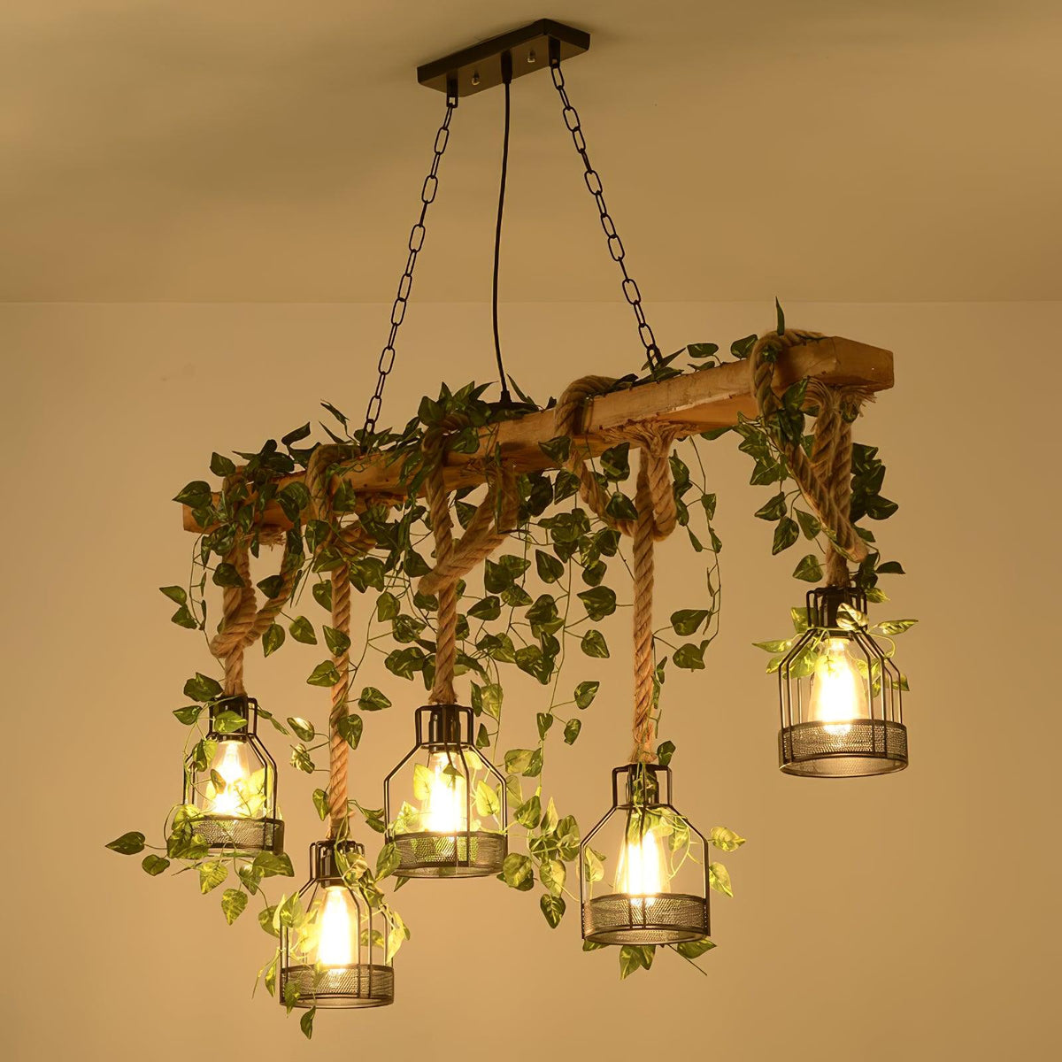 Rustic Wooden Curated Iron & Glass Chandelier – unlit natural material contrast