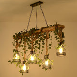 Rustic Wooden Curated Iron & Glass Chandelier – unlit natural material contrast