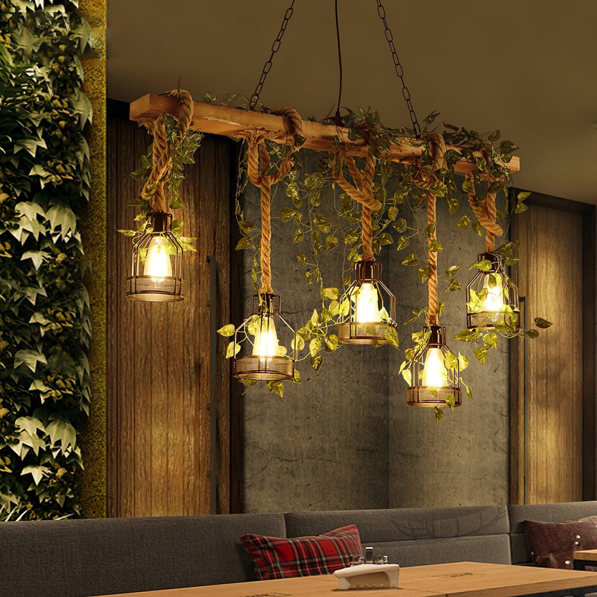 Rustic Wooden Curated Iron & Glass Chandelier installed in residential dining space