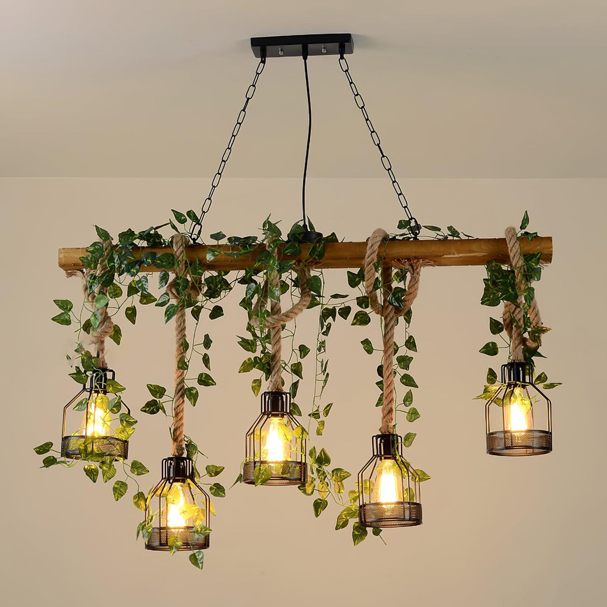 Rustic Wooden Curated Iron & Glass Chandelier – 5Heads L 43.3 x H 23.6  L 110cm x H 60cm finish configuration