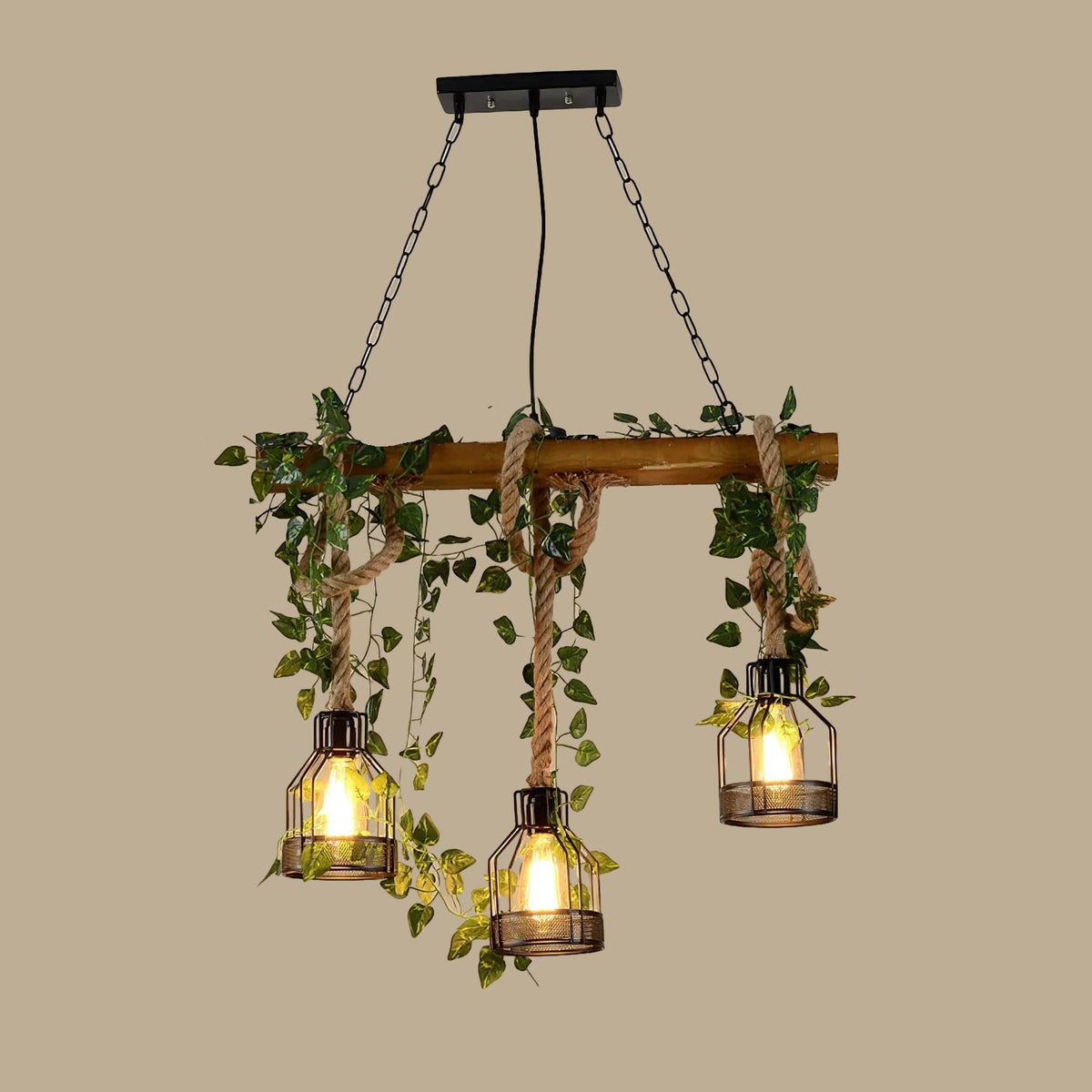 Rustic Wooden Curated Iron & Glass Chandelier – illuminated warm ambiance setting #1