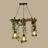 Rustic Wooden Curated Iron & Glass Chandelier – illuminated warm ambiance setting #1