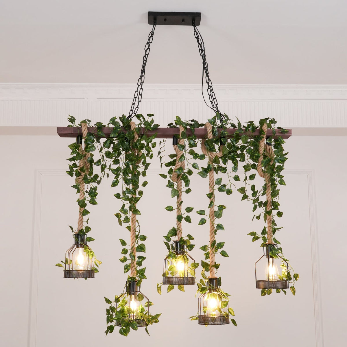 Rustic Wooden Curated Iron & Glass Chandelier – dimensional scale reference