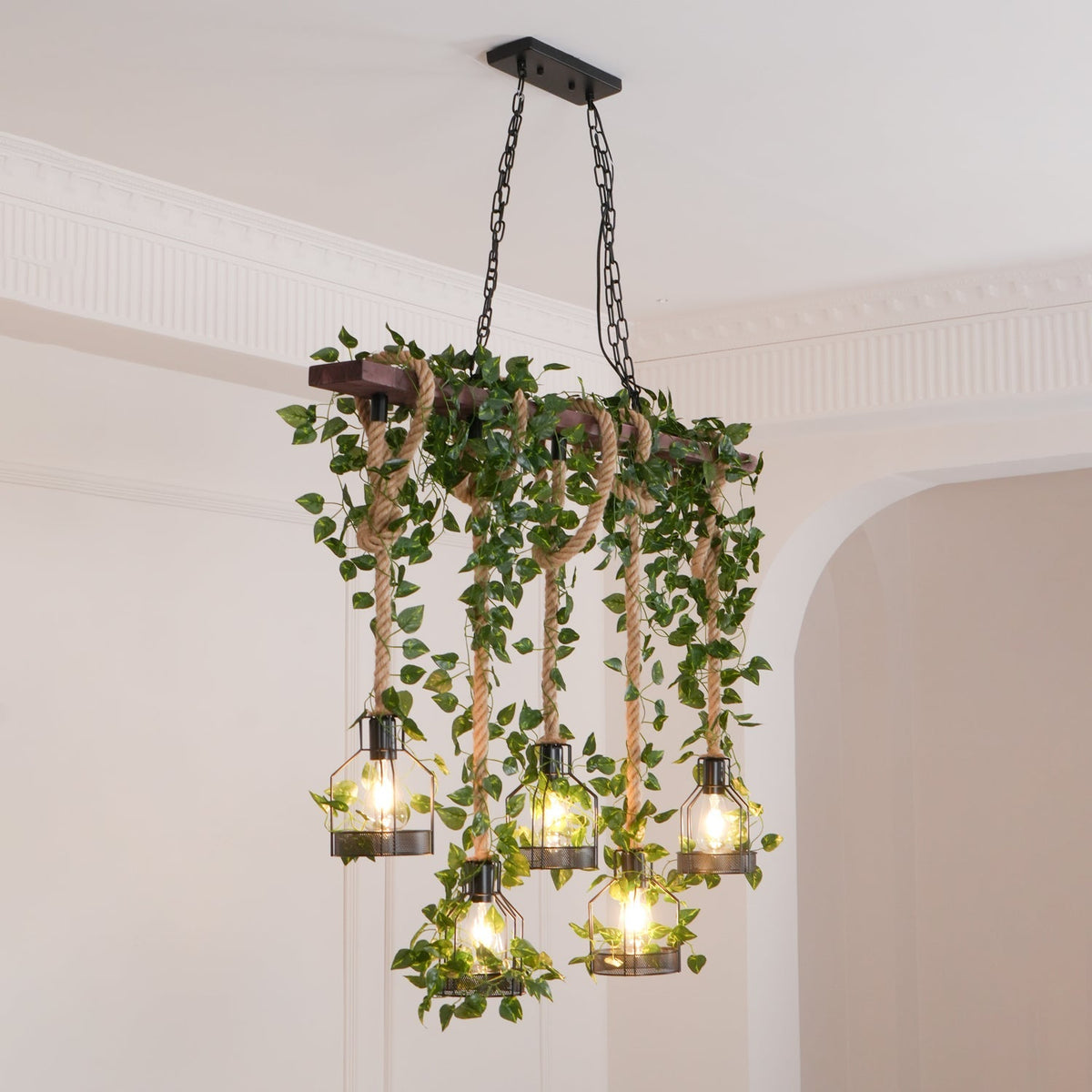 Rustic Wooden Curated Iron & Glass Chandelier – architectural ceiling profile