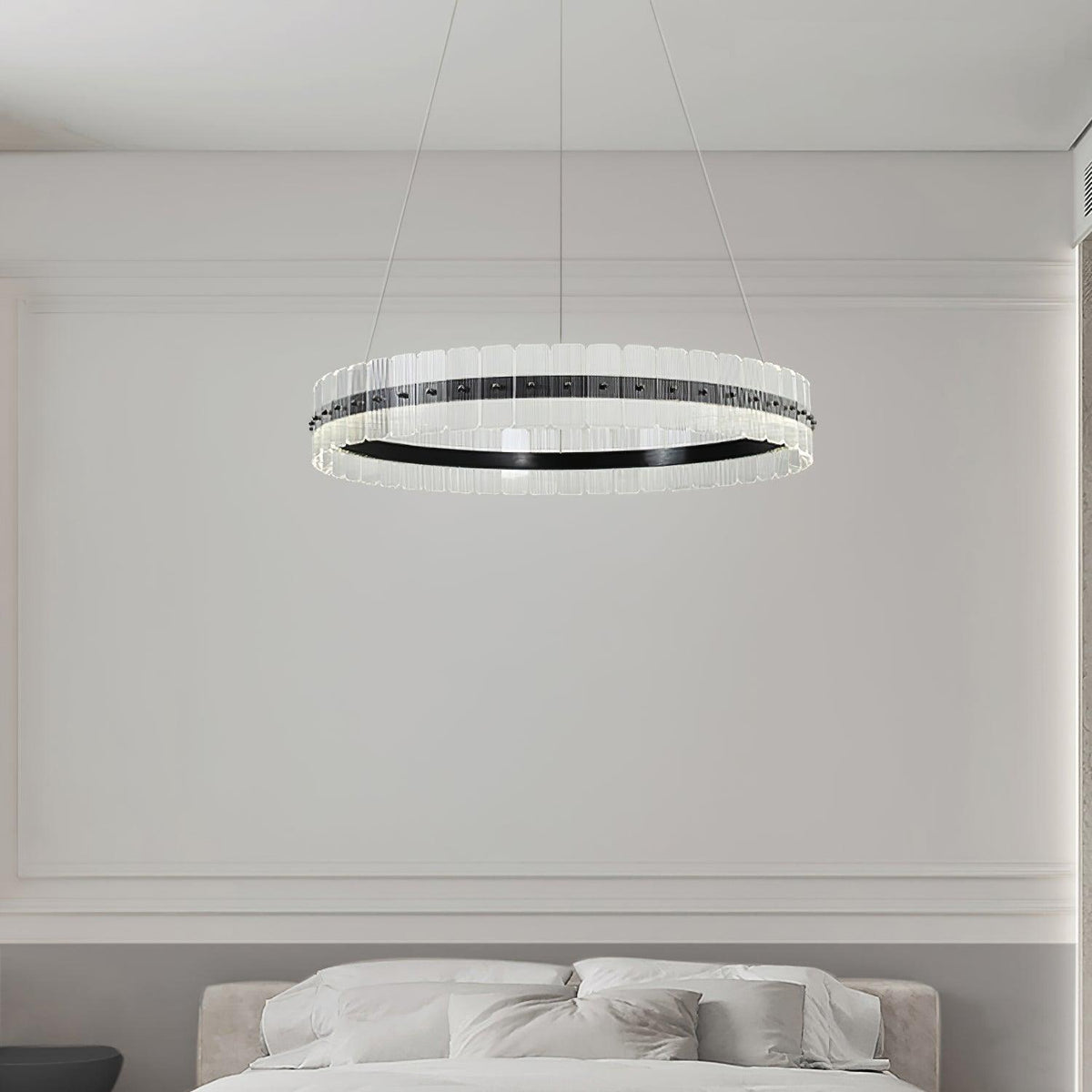Saturno LED Curated Optical Acrylic Chandelier – spatial dining room perspective