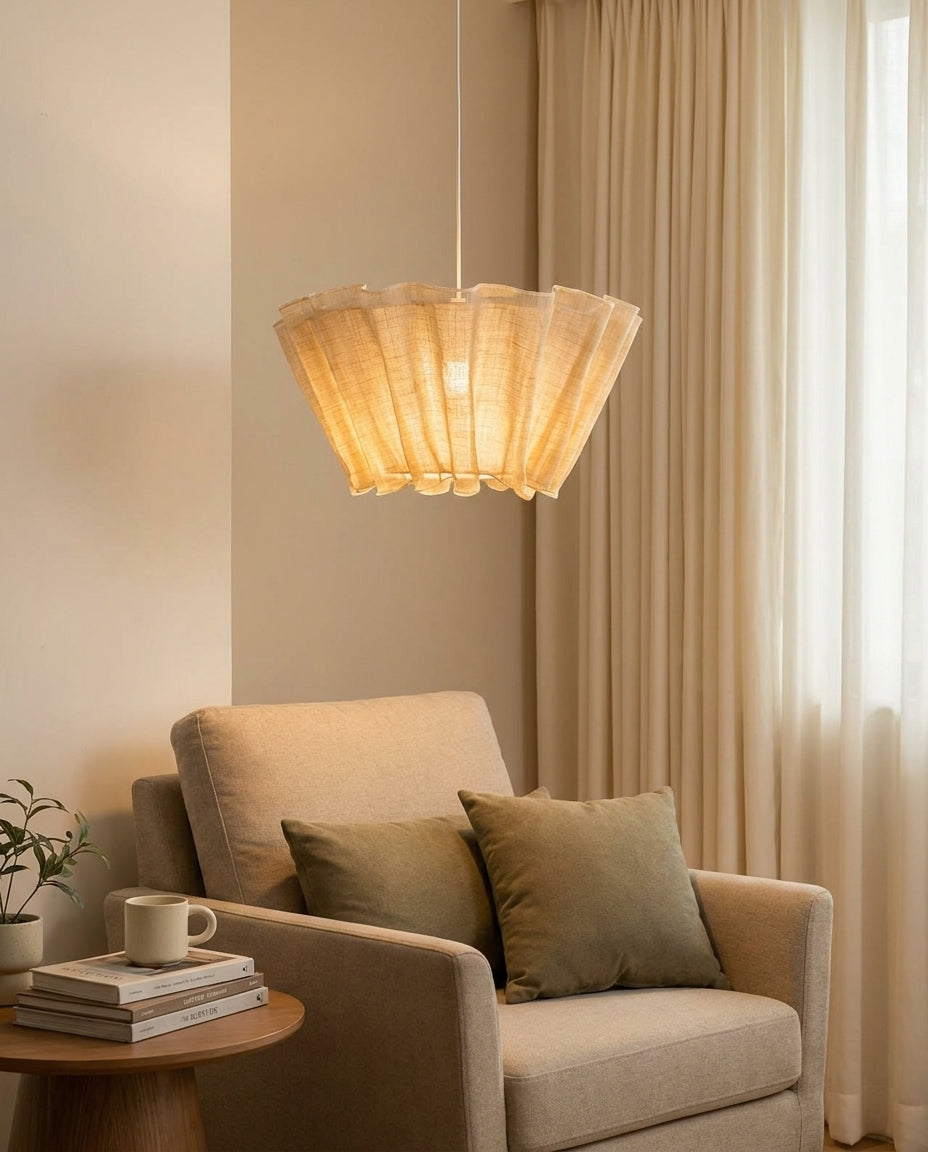 Scallora Curated Iron & Glass Pendant Light warm illuminated room view