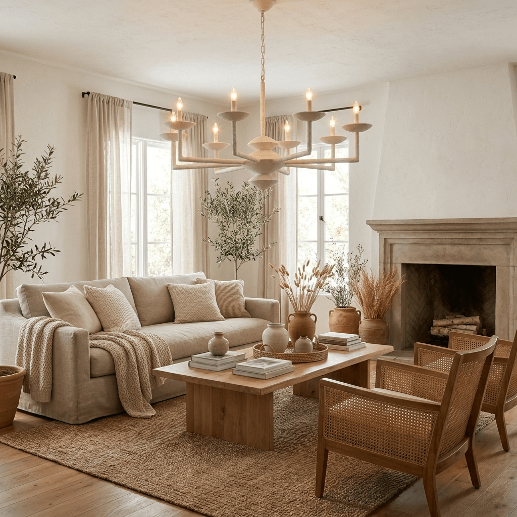 Sculptural Plaster Candelabra Curated Iron & Gla warm illuminated room view