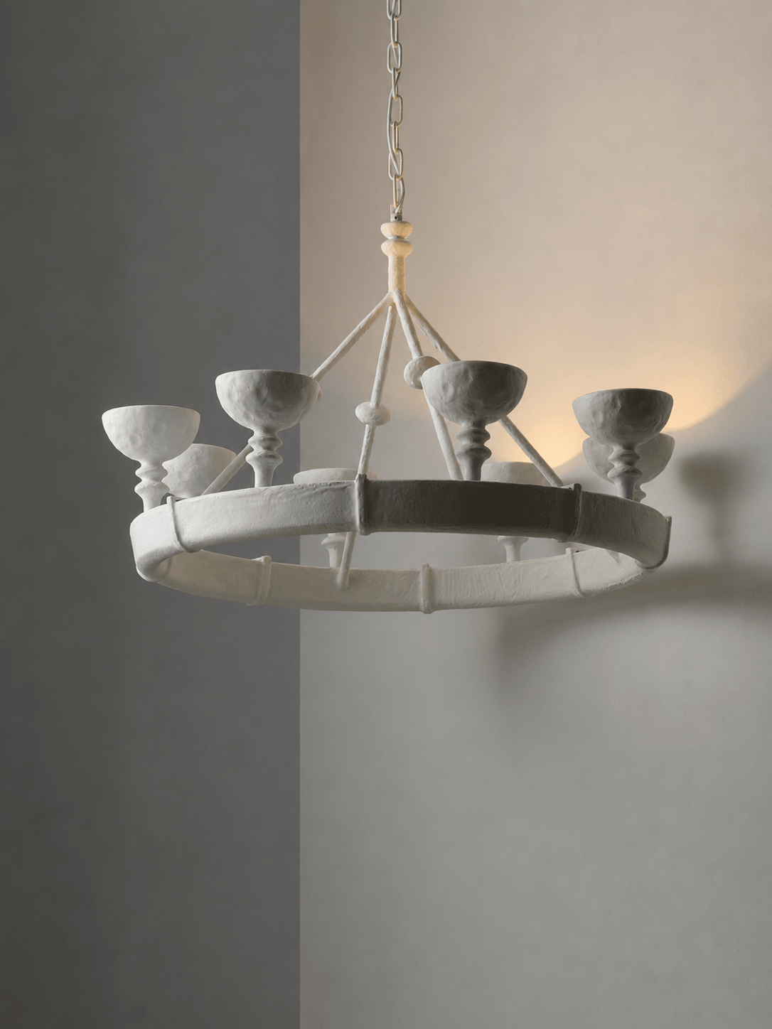 Sculptural Plaster Chalice Curated Iron & Glass – spatial dining room perspective