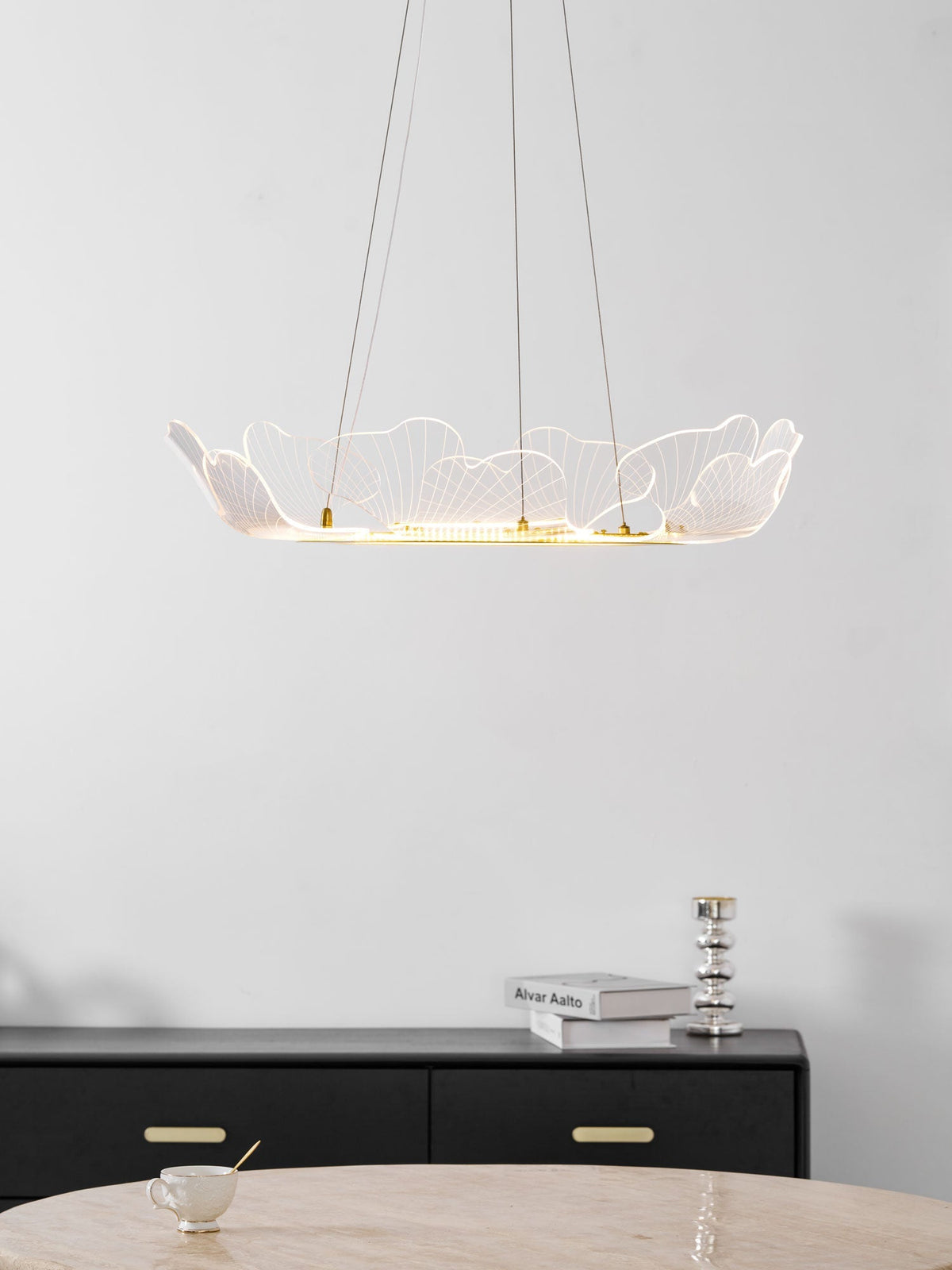 Sea Curated Iron & Glass Chandelier – unlit natural material contrast