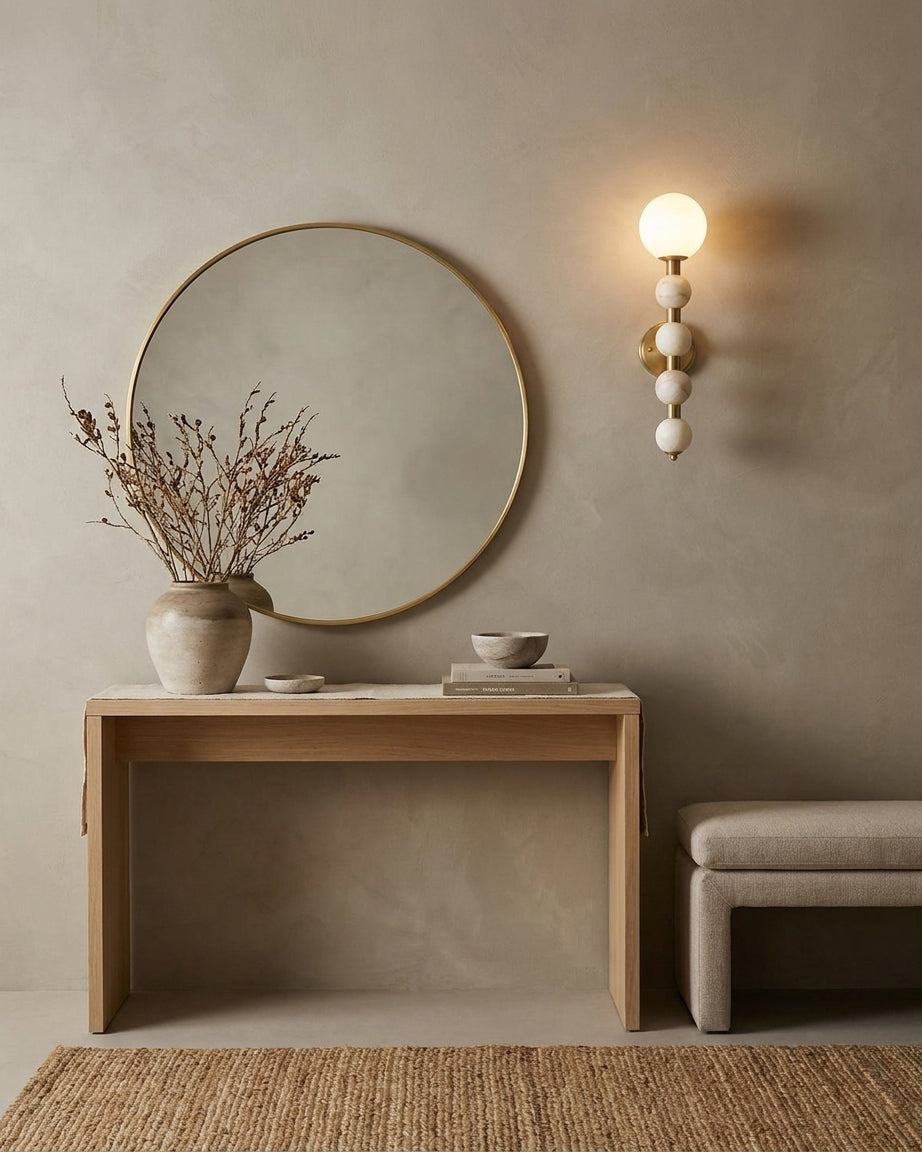 Selene Gourd Alabaster Curated Alabaster Wall Sc – illuminated warm ambiance setting