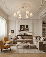 Selmont Curated Iron & Glass Chandelier warm illuminated room view