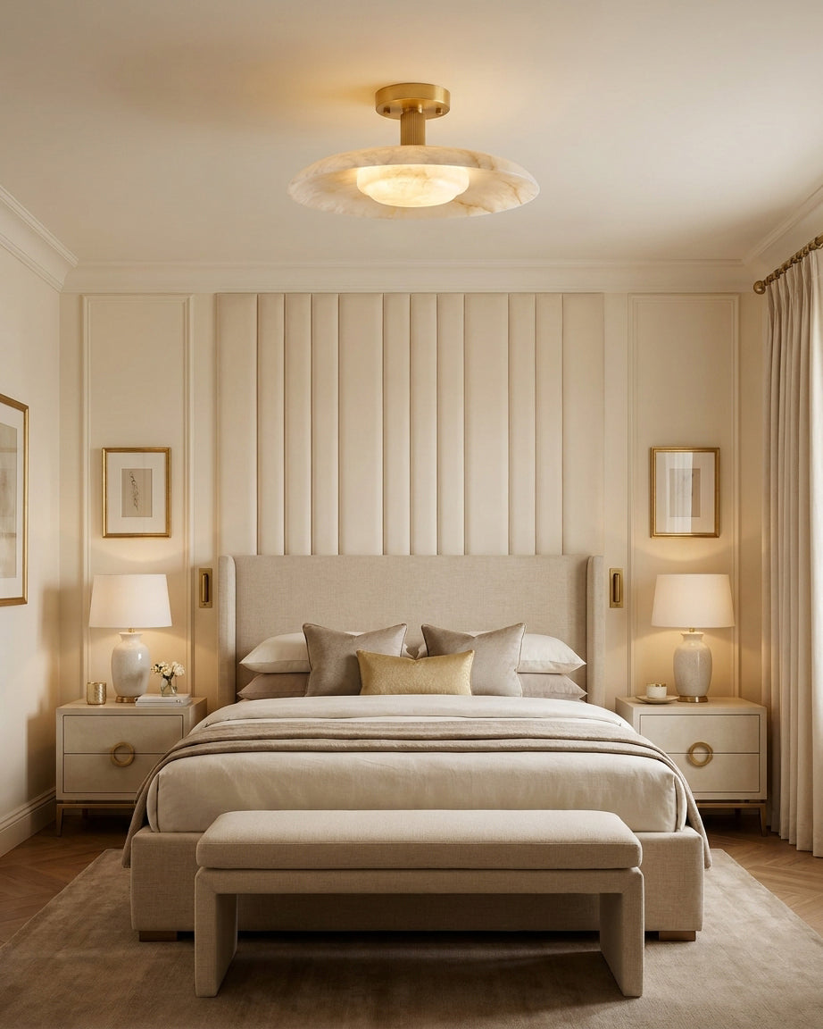 Selmora Alabaster Curated Alabaster Flush Mount – structural canopy joint detail