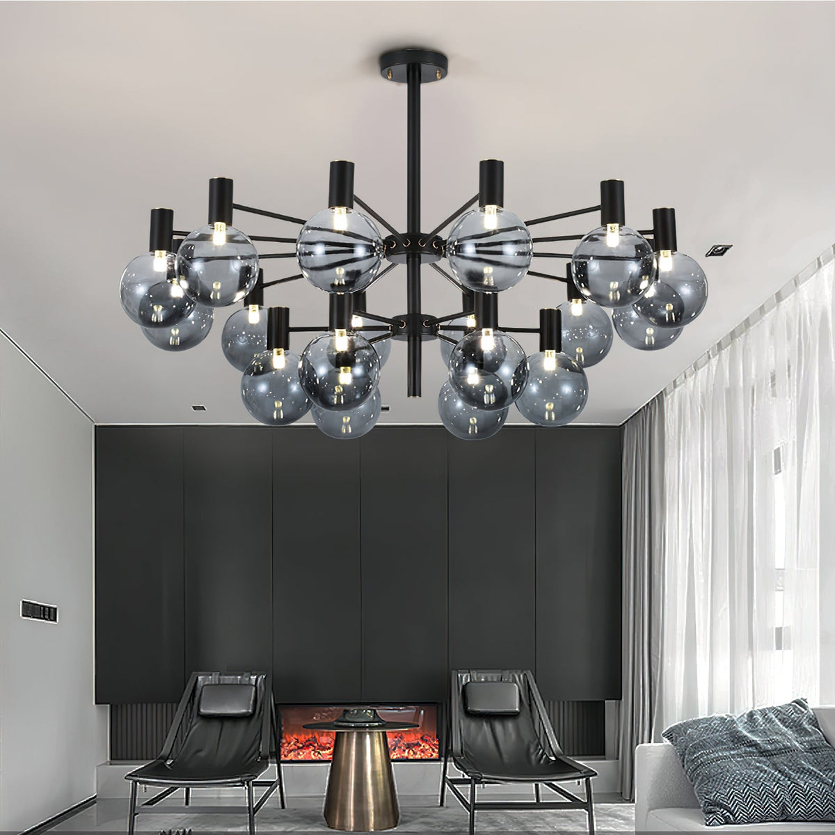 Selva Black Curated Mouth-Blown Frosted Glass Ch – illuminated warm ambiance setting