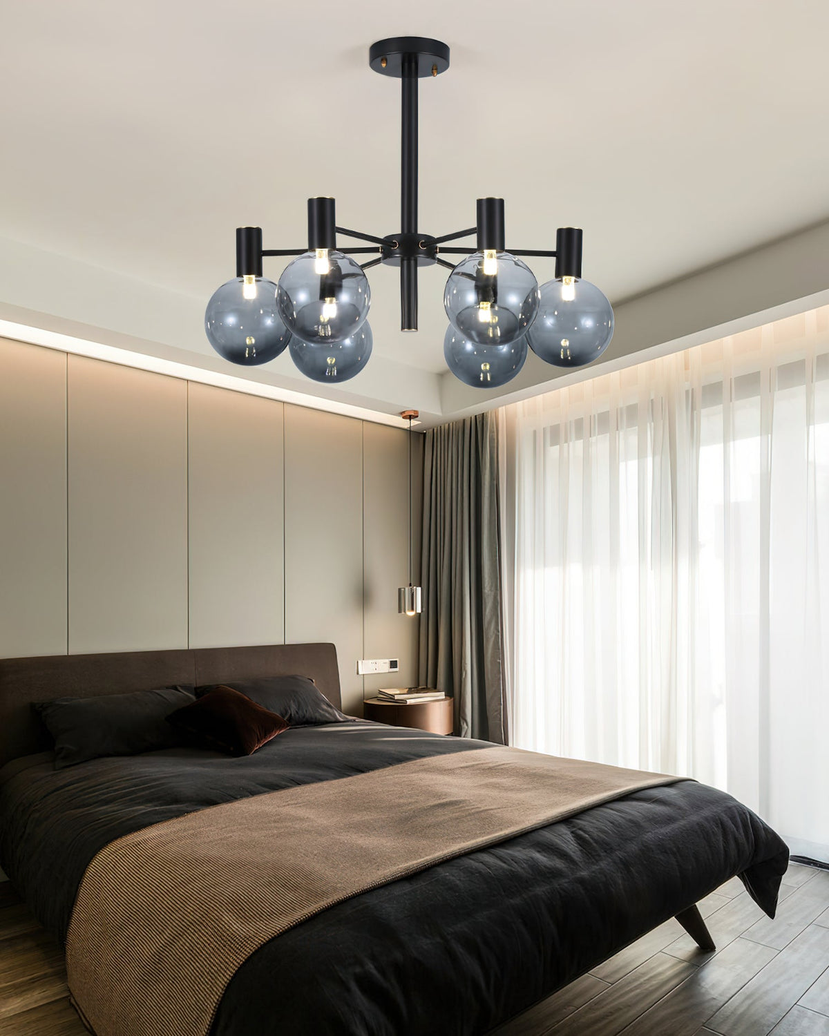 Selva Black Curated Mouth-Blown Frosted Glass Ch warm illuminated room view