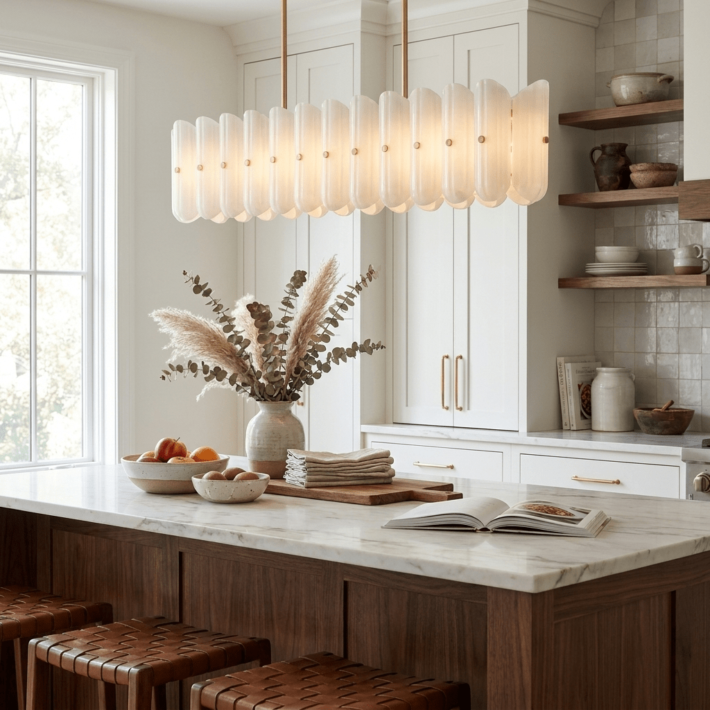 Seraphine Linear Fluted Glass Island Curated Mou warm illuminated room view