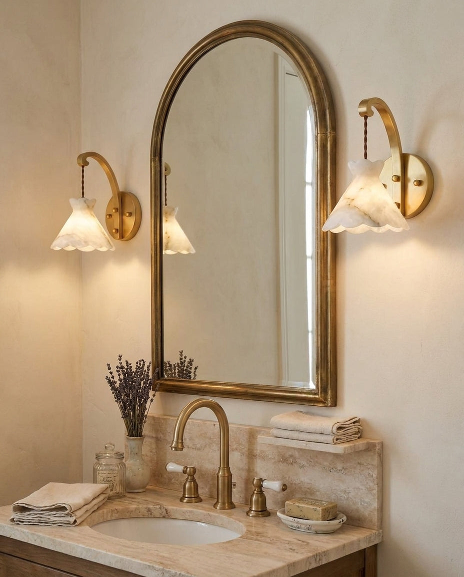 Serena Alabaster Curated Alabaster Wall Sconce warm illuminated room view