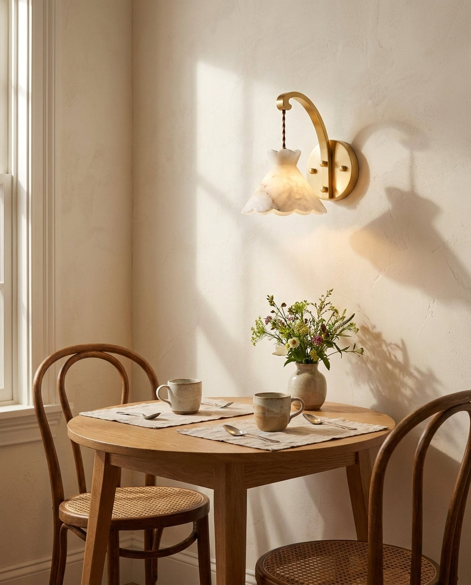 Serena Alabaster Curated Alabaster Wall Sconce – illuminated warm ambiance setting