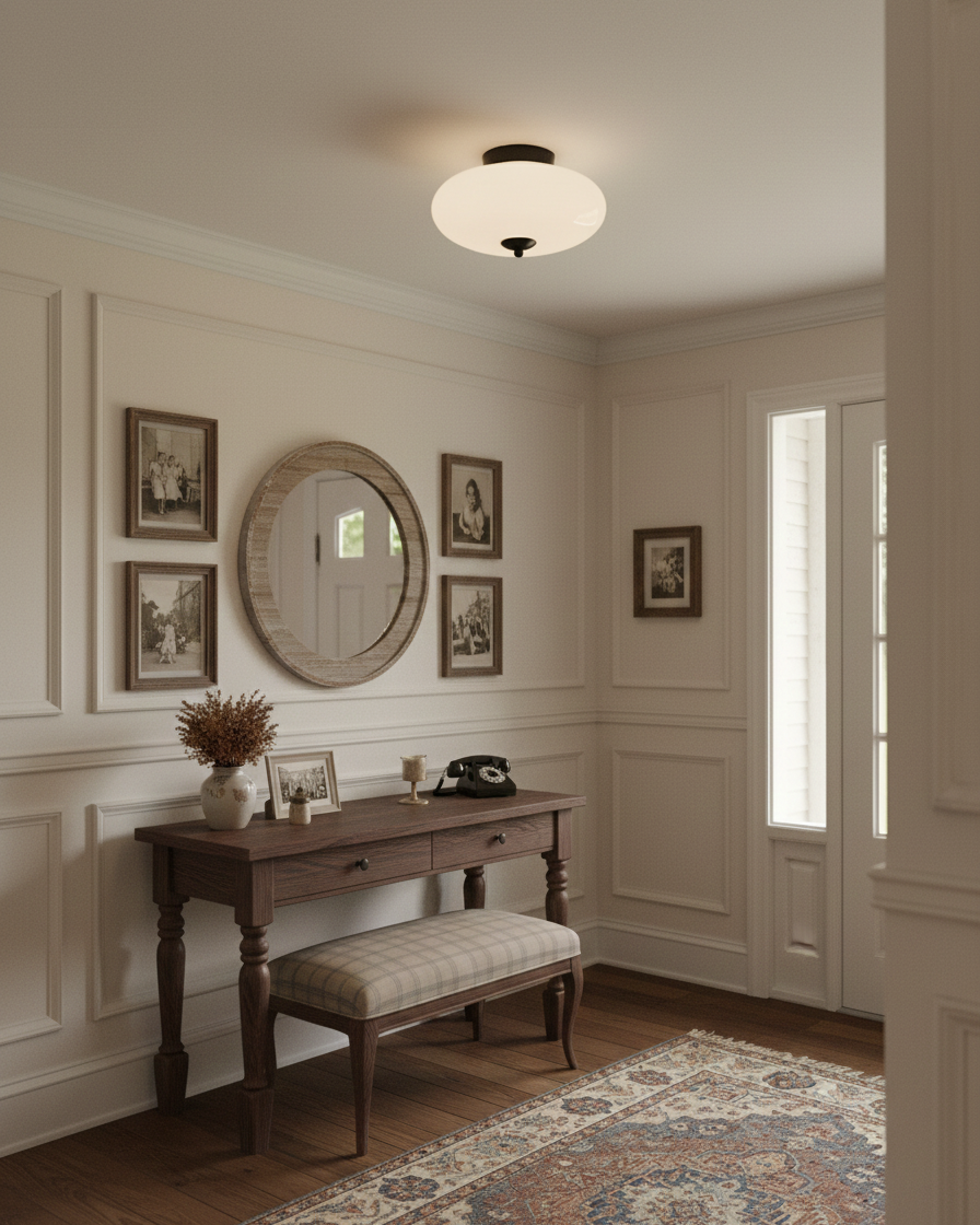 Serene Globe Curated Mouth-Blown Frosted Glass F warm illuminated room view