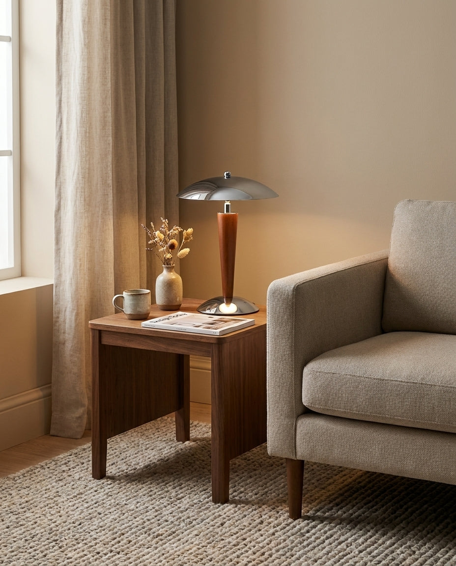 Silvoryn Curated Iron & Glass Table Lamp warm illuminated room view