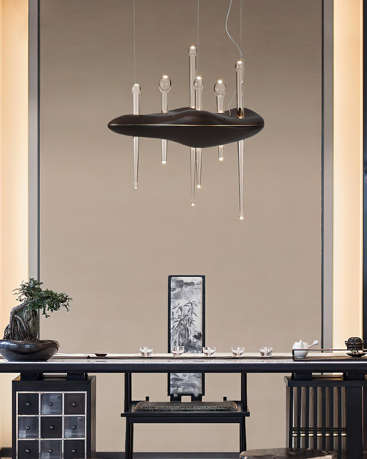 Skyward Thorn Curated Mouth-Blown Frosted Glass – spatial dining room perspective