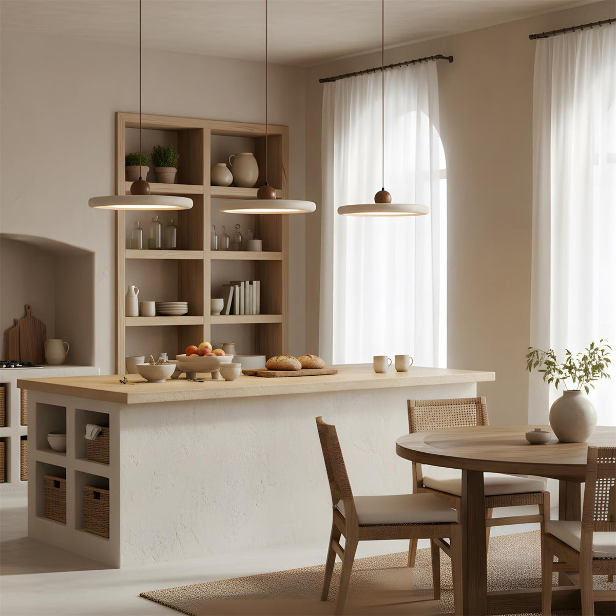 Solace Curated Yellow Travertine Pendant Light – spatial dining room perspective