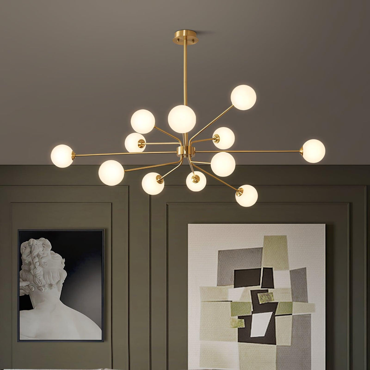Solaire Arm Curated Mouth-Blown Frosted Glass Ch installed in residential dining space