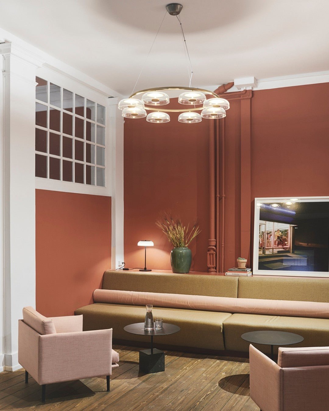 Solara Curated Mouth-Blown Frosted Glass Chandel installed in residential dining space