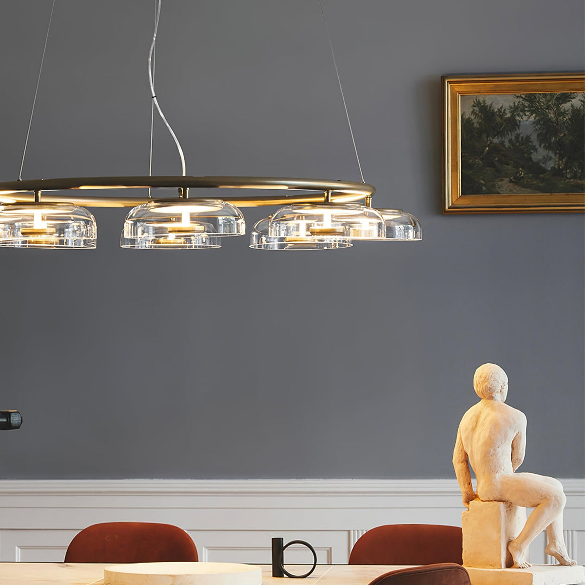 Solara Curated Mouth-Blown Frosted Glass Chandel – spatial dining room perspective