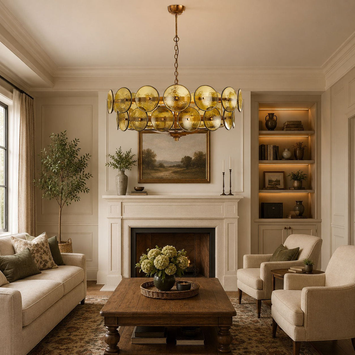 Solaris Disc Murano Curated Amber Art Glass Chan – illuminated warm ambiance setting