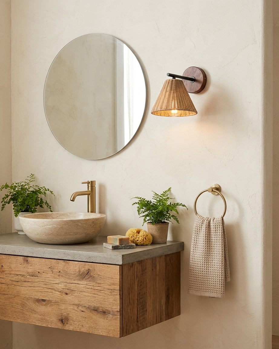Sovara Rattan Curated Woven Rattan Wall Sconce warm illuminated room view