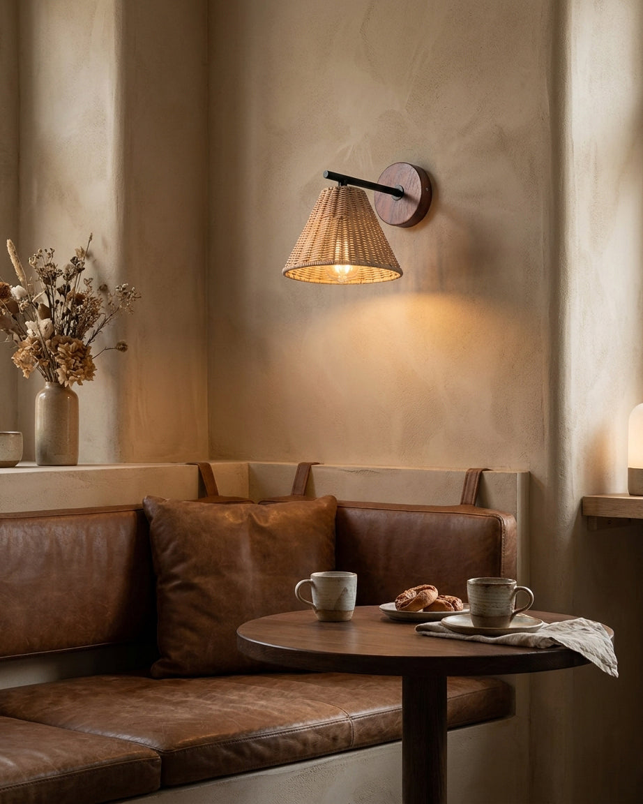 Sovara Rattan Curated Woven Rattan Wall Sconce – structural canopy joint detail