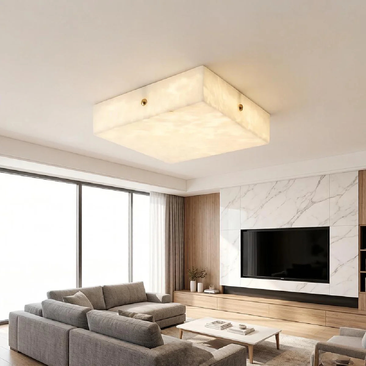 Full Brass Ceiling Light View 8 | Round Marble & Solid Brass Flush Mount Ceiling Light | Designer Minimalist Style | Eye-Comfort | JINSHE | JINSHE