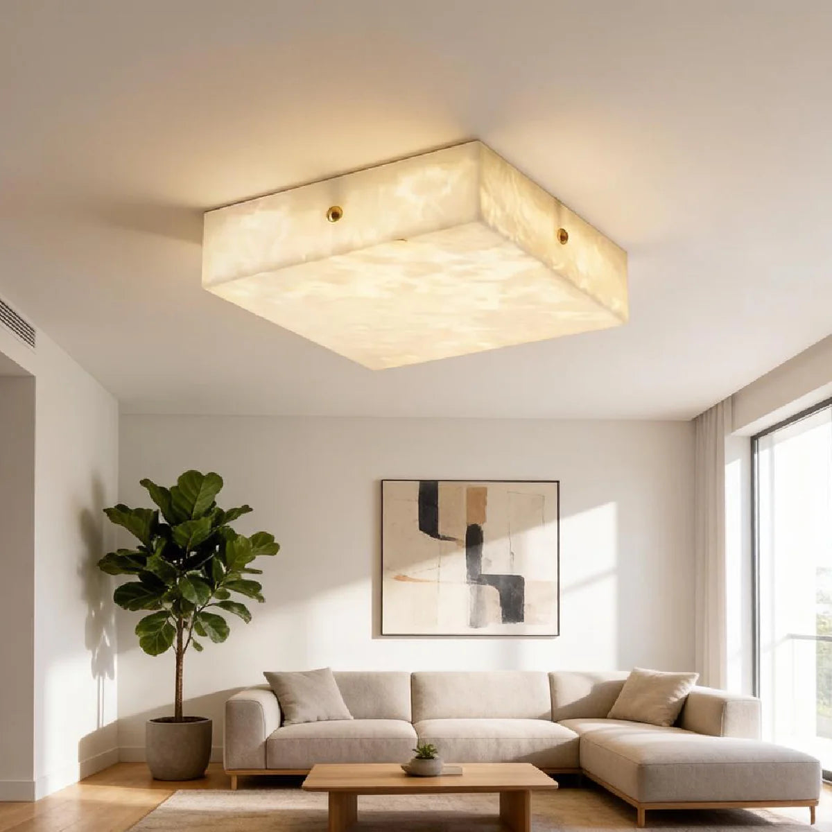 Full Brass Ceiling Light View 3 | Round Marble & Solid Brass Flush Mount Ceiling Light | Designer Minimalist Style | Eye-Comfort | JINSHE | JINSHE